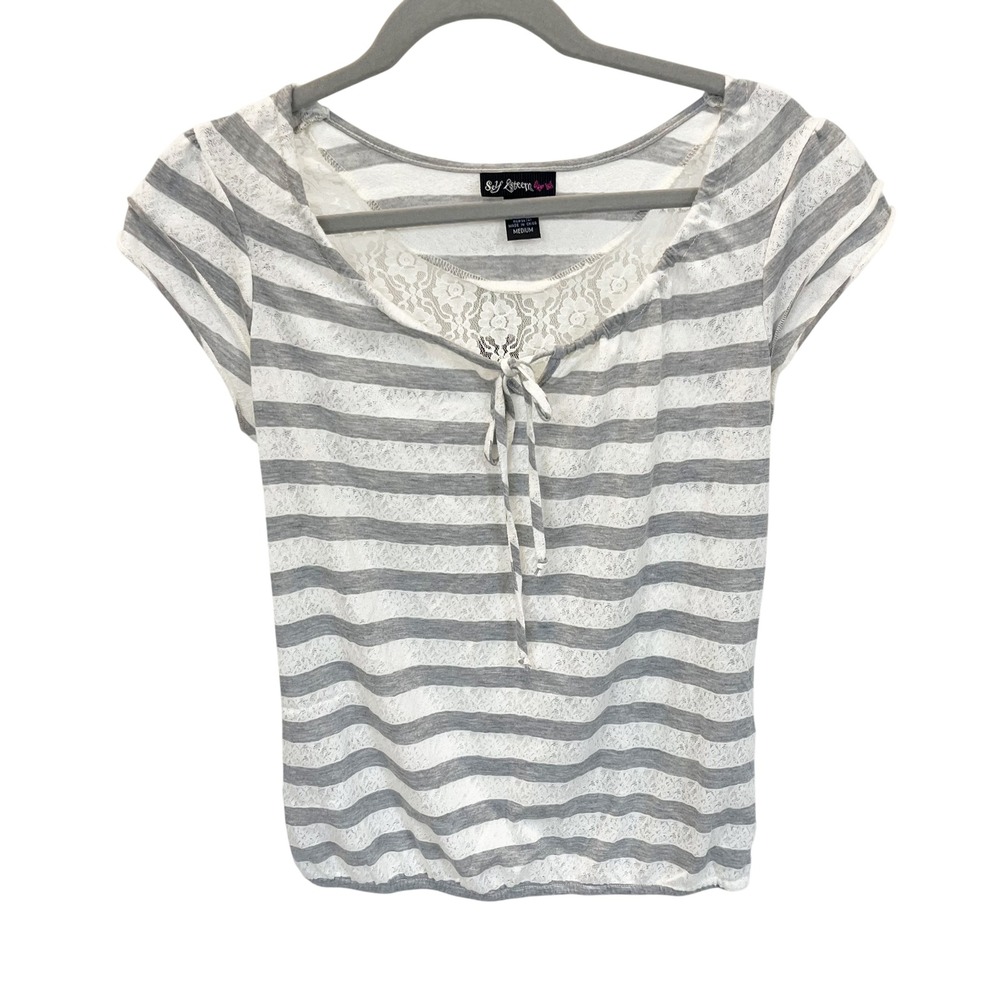 Y2K Self Esteem Gray White Striped Lace Trim Bubble Hem Top Size Medium